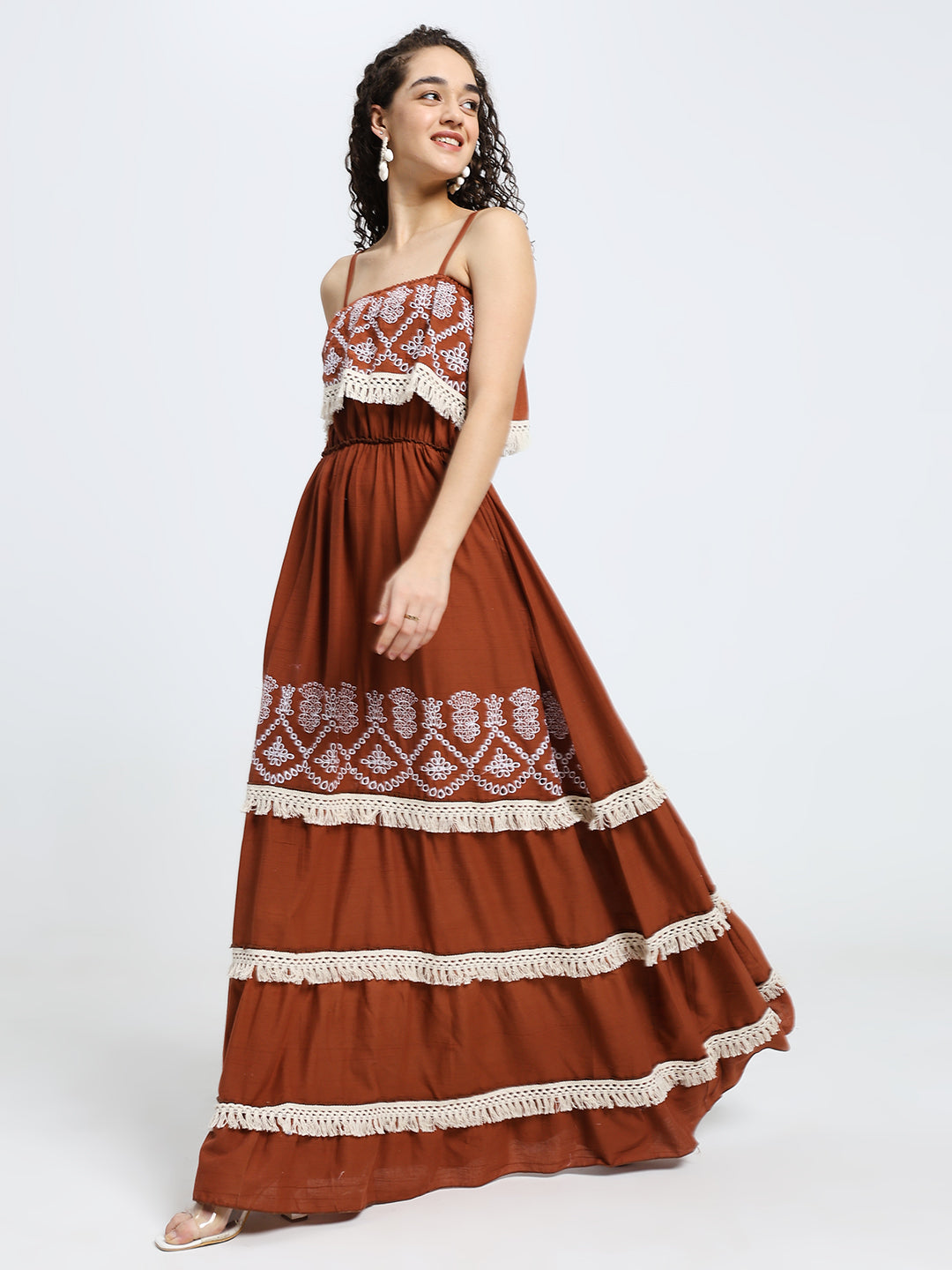 Schiffli Work sleeveless maxi dress- Rustic Elegance