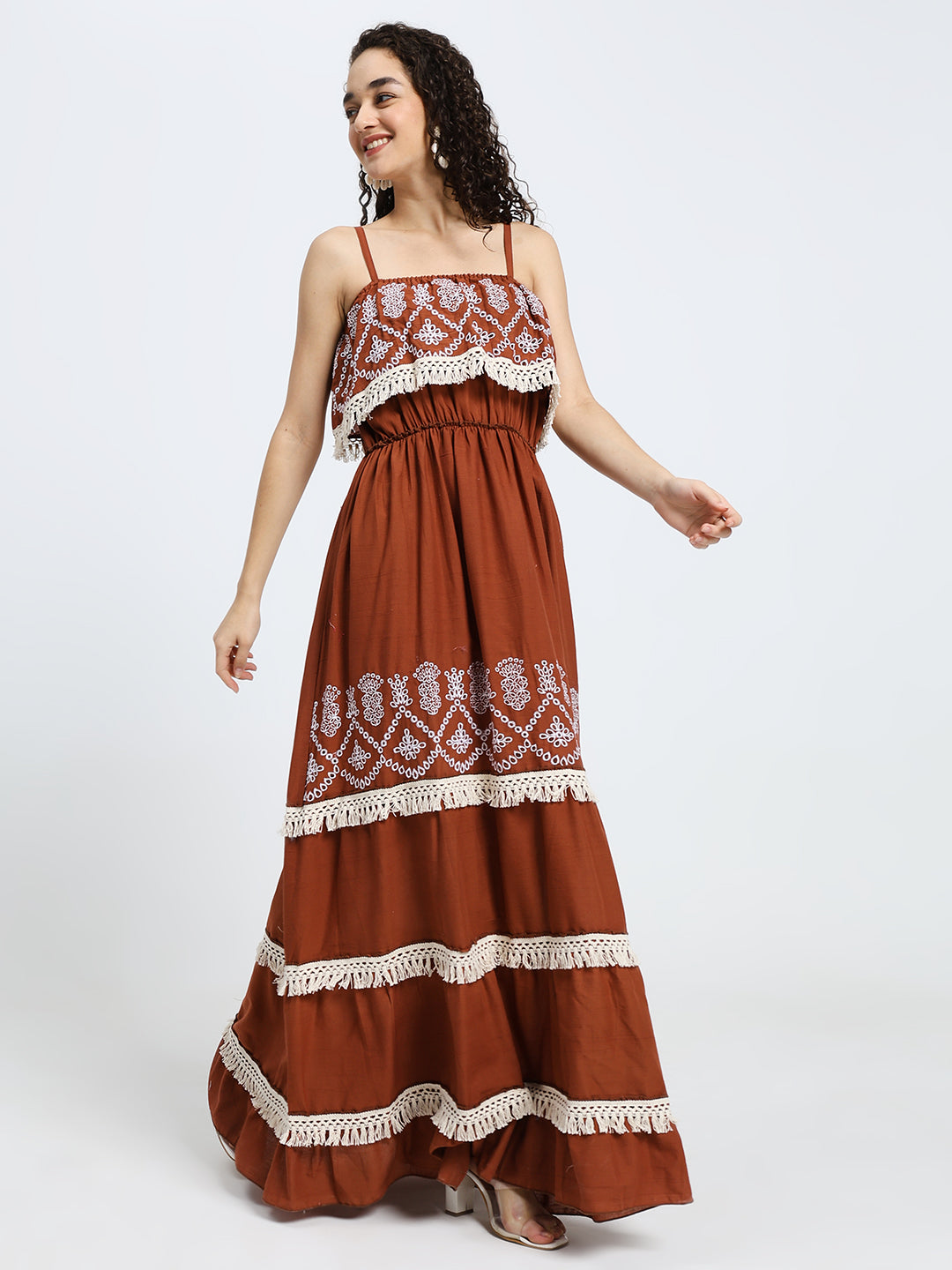 Schiffli Work sleeveless maxi dress- Rustic Elegance