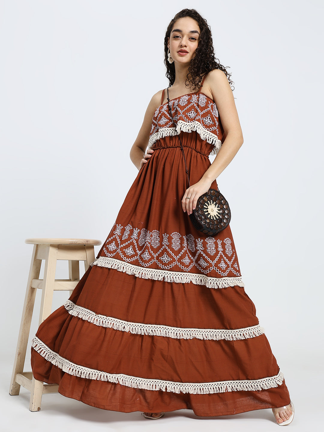 Schiffli Work sleeveless maxi dress- Rustic Elegance