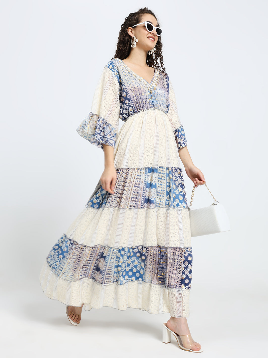 Embroidery Hand Work Bell Sleeves Boho Printed Maxi Dress - Midnight L