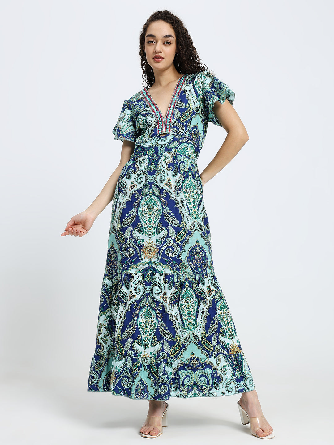 Embroidery V Neck Cotton Long Dress - Sapphire Bloom