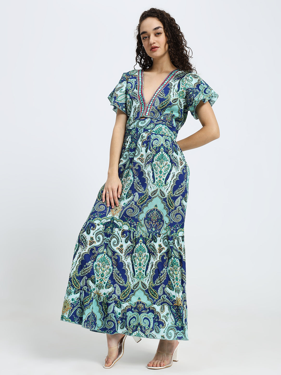 Embroidery V Neck Cotton Long Dress - Sapphire Bloom