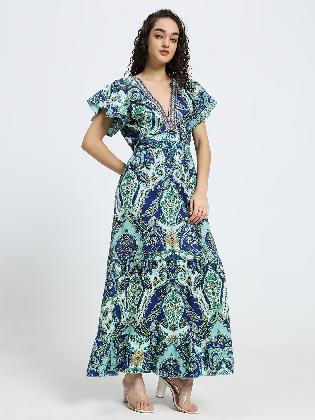 Embroidery V Neck Cotton Long Dress - Sapphire Bloom