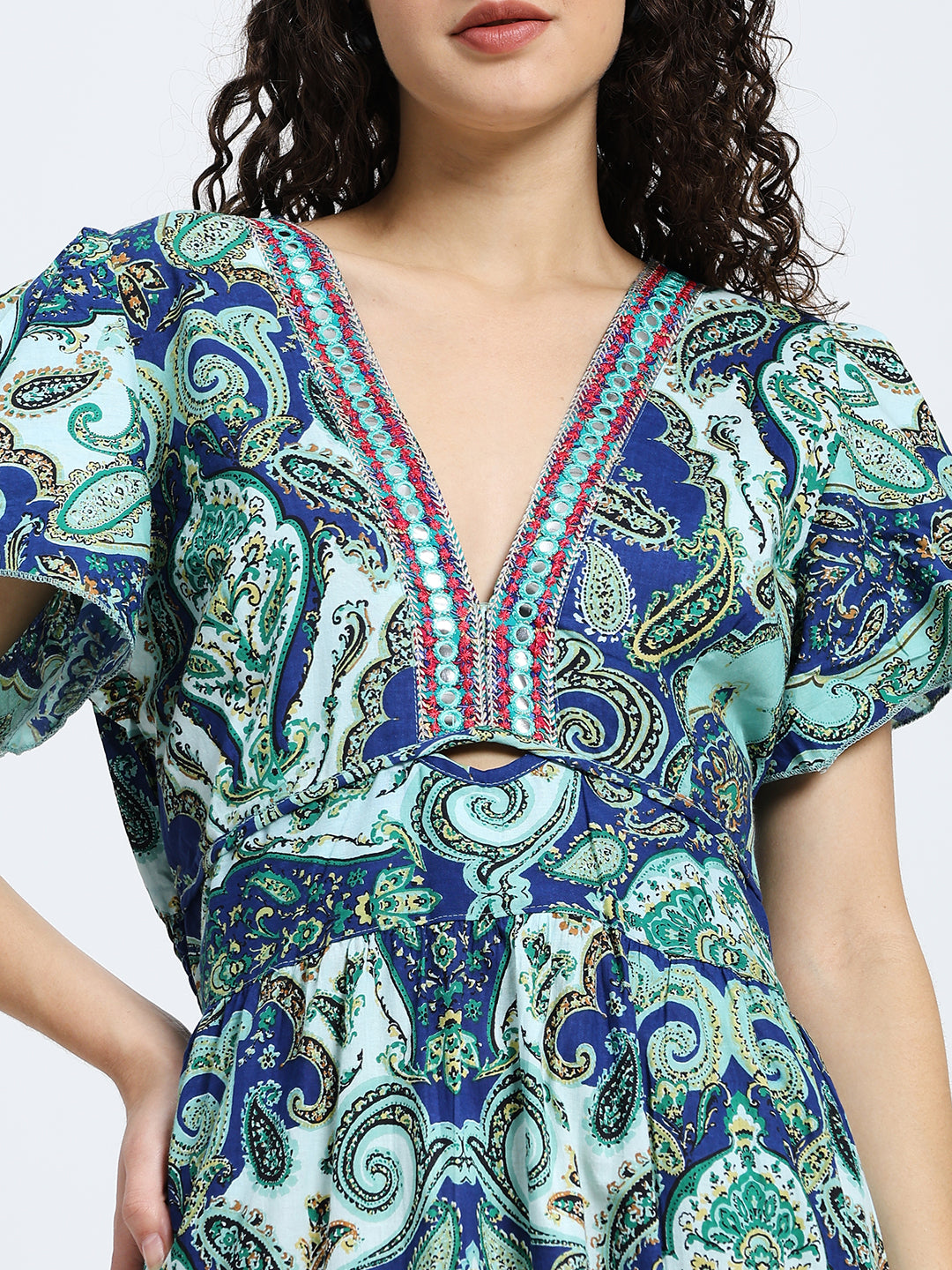 Embroidery V Neck Cotton Long Dress - Sapphire Bloom