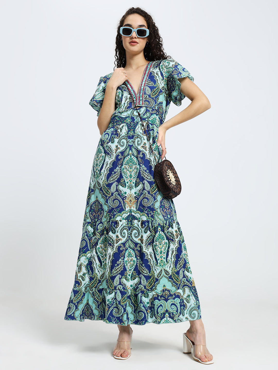 Embroidery V Neck Cotton Long Dress - Sapphire Bloom