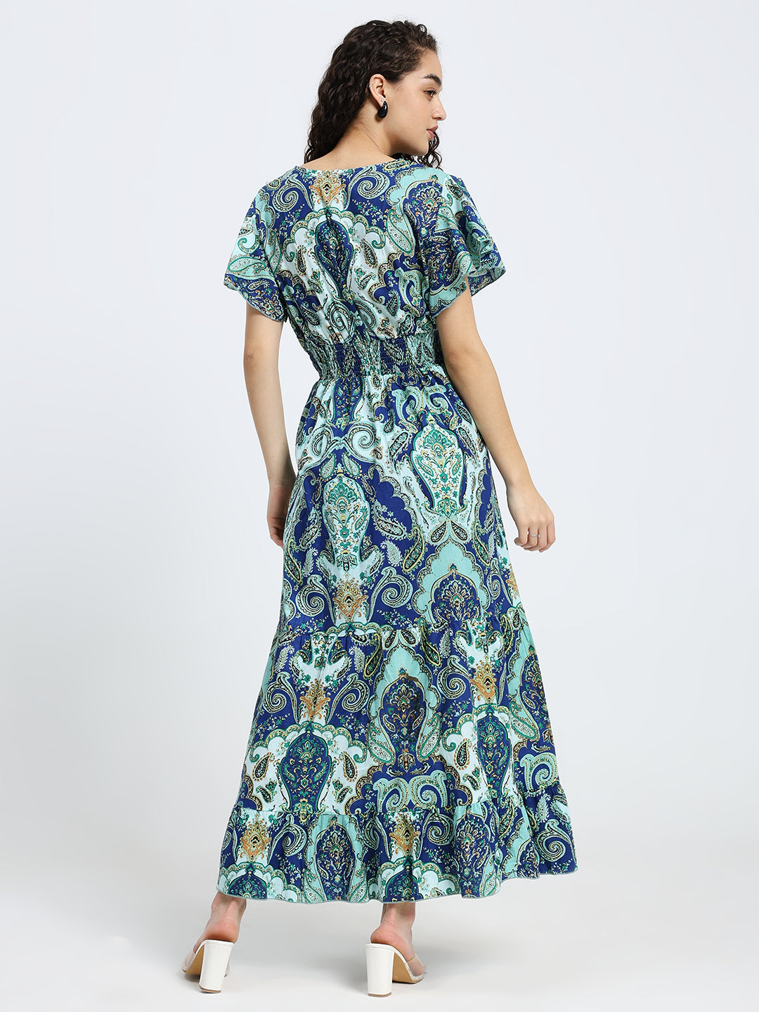 Embroidery V Neck Cotton Long Dress - Sapphire Bloom