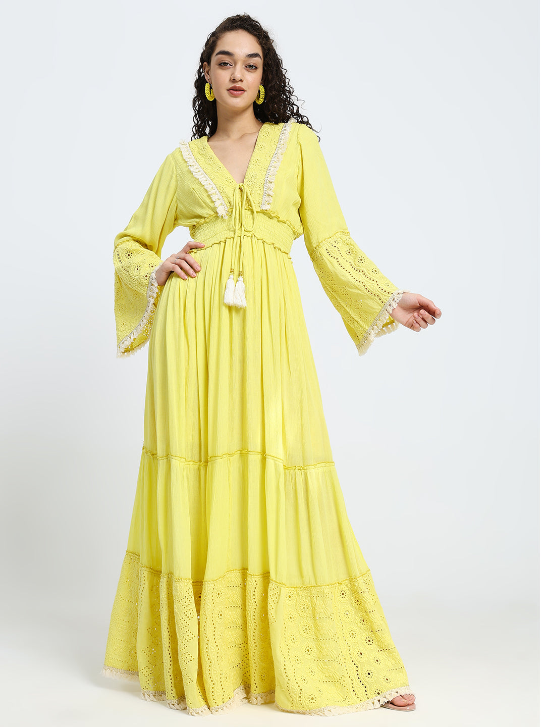 Schiffli Work Bell Sleeves Maxi Dress - Marigold Flare