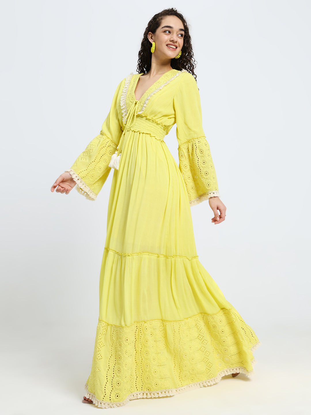 Schiffli Work Bell Sleeves Maxi Dress - Marigold Flare