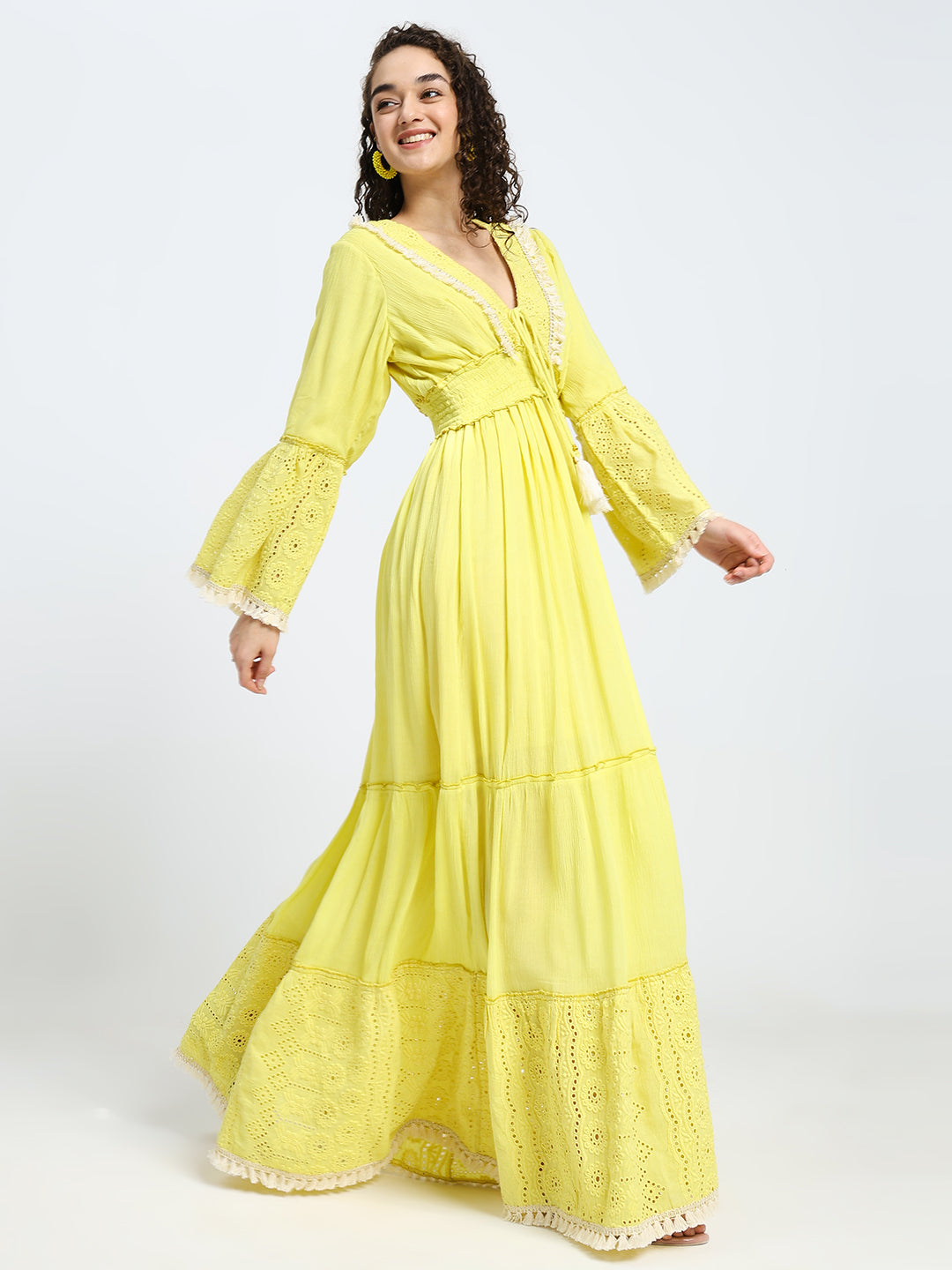 Schiffli Work Bell Sleeves Maxi Dress - Marigold Flare