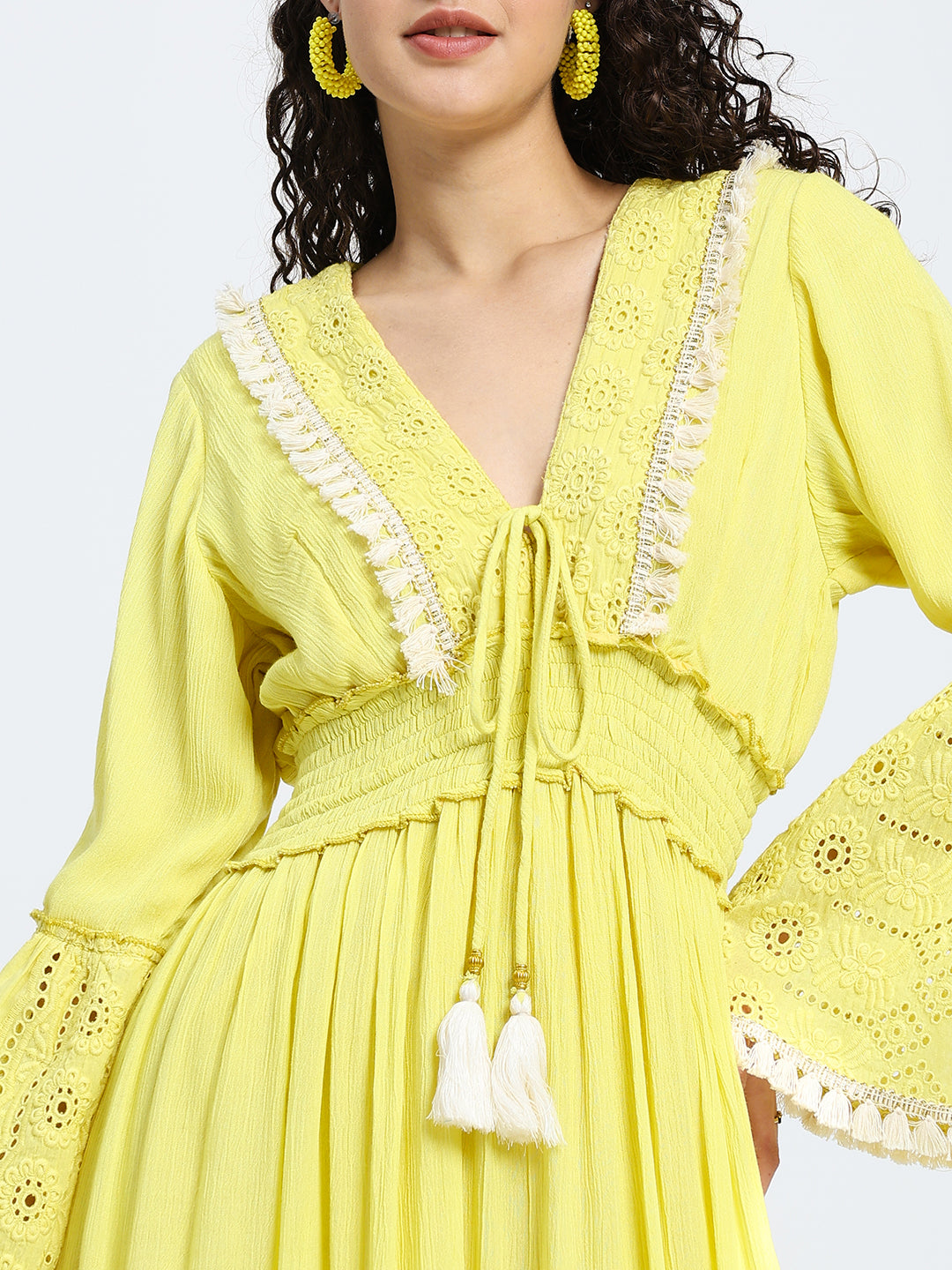 Schiffli Work Bell Sleeves Maxi Dress - Marigold Flare