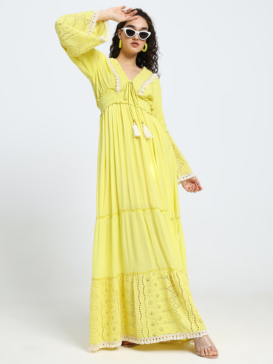 Schiffli Work Bell Sleeves Maxi Dress - Marigold Flare