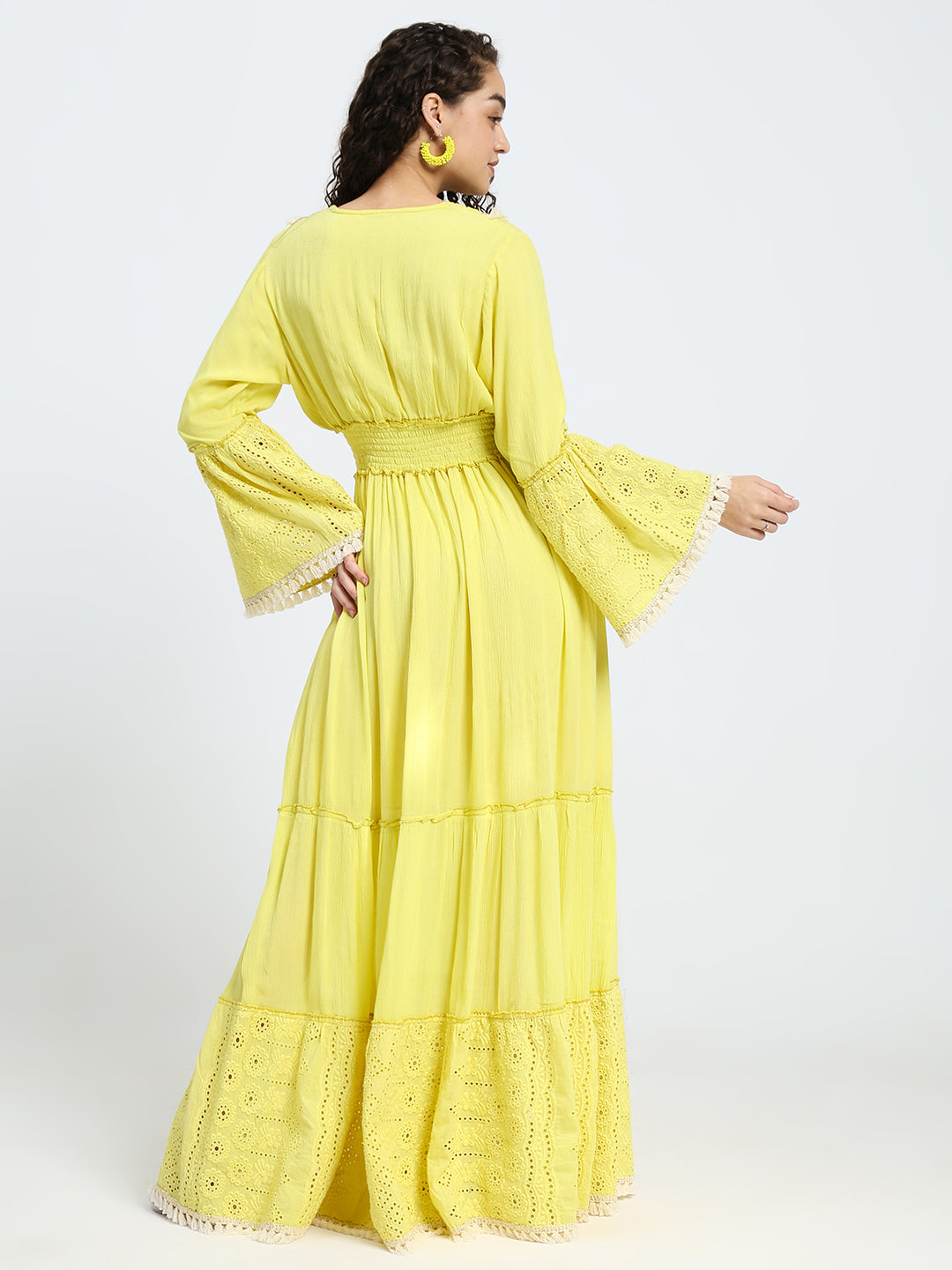 Schiffli Work Bell Sleeves Maxi Dress - Marigold Flare