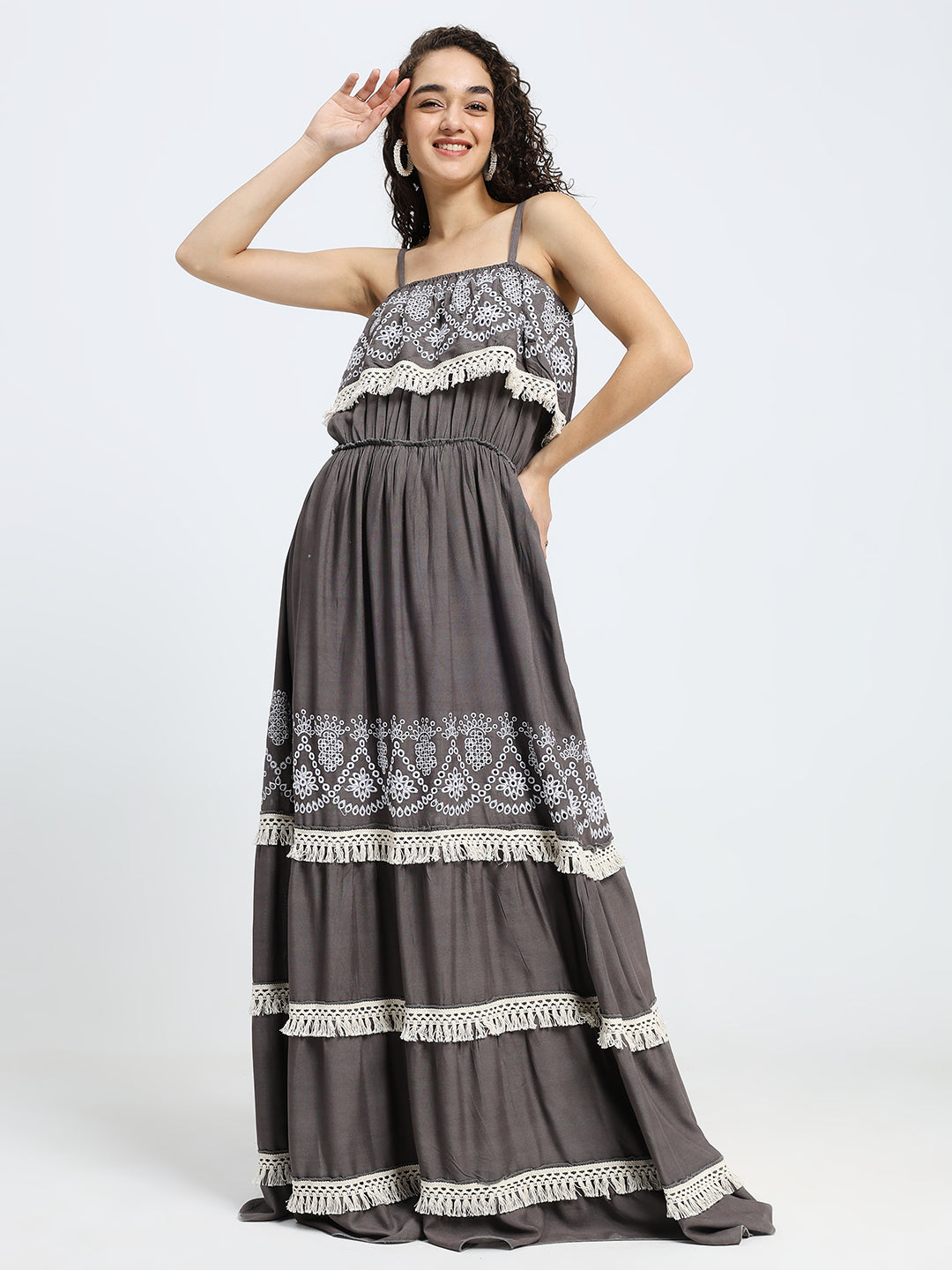 Schiffli Work sleeveless maxi dress- Dusk Reverie