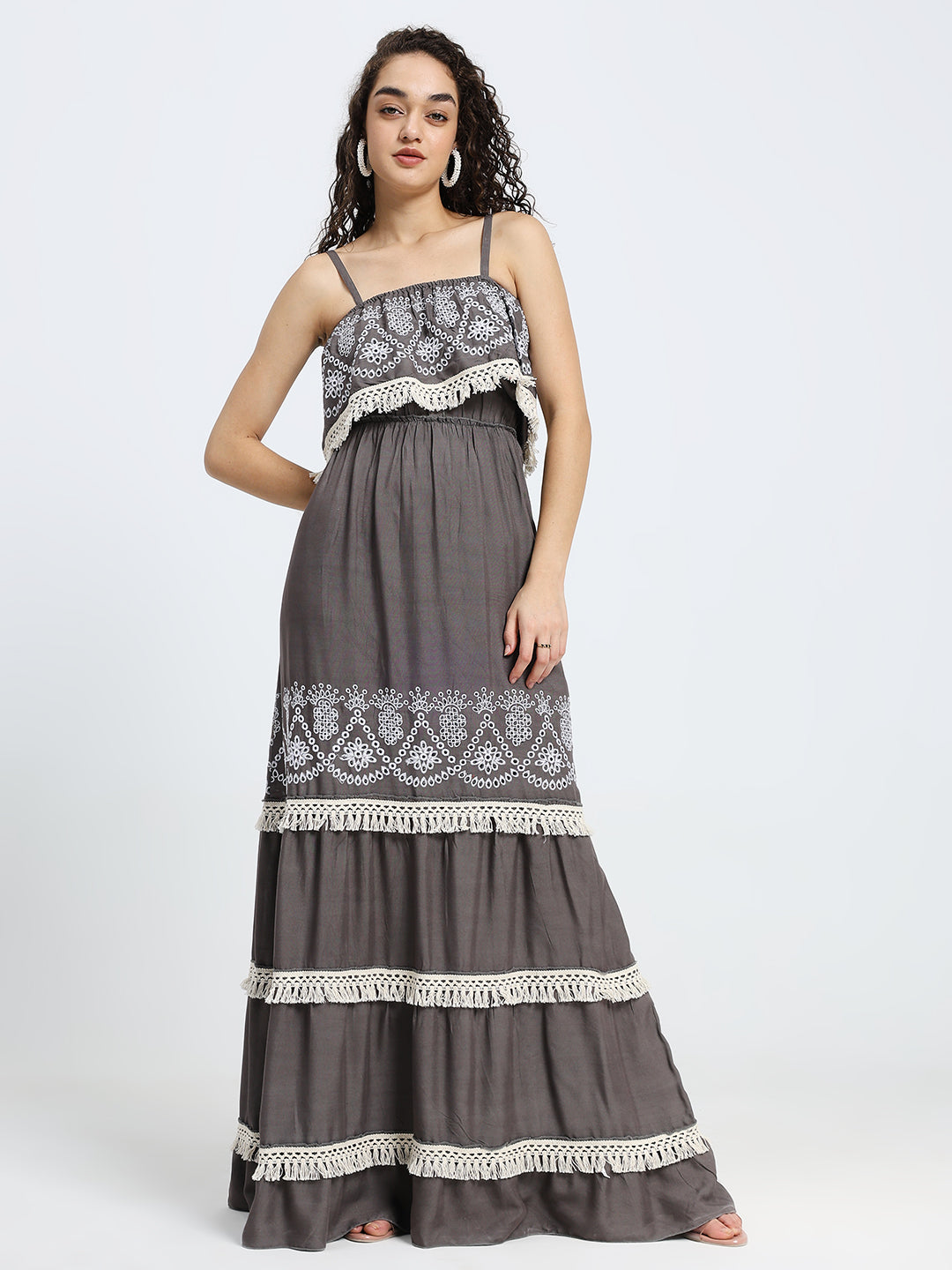 Schiffli Work sleeveless maxi dress- Dusk Reverie