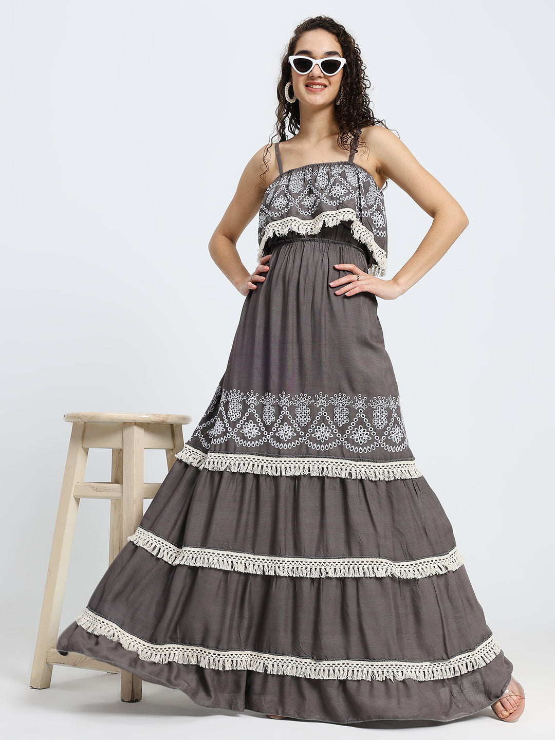 Schiffli Work sleeveless maxi dress- Dusk Reverie