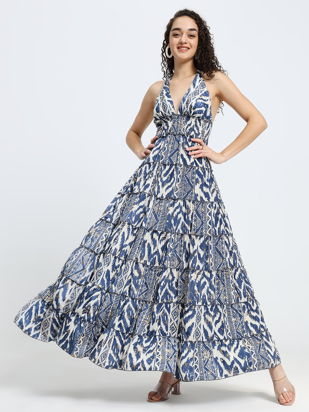 Halter Neck Multi Panel Boho printed Maxi Dress in Tribal Breeze