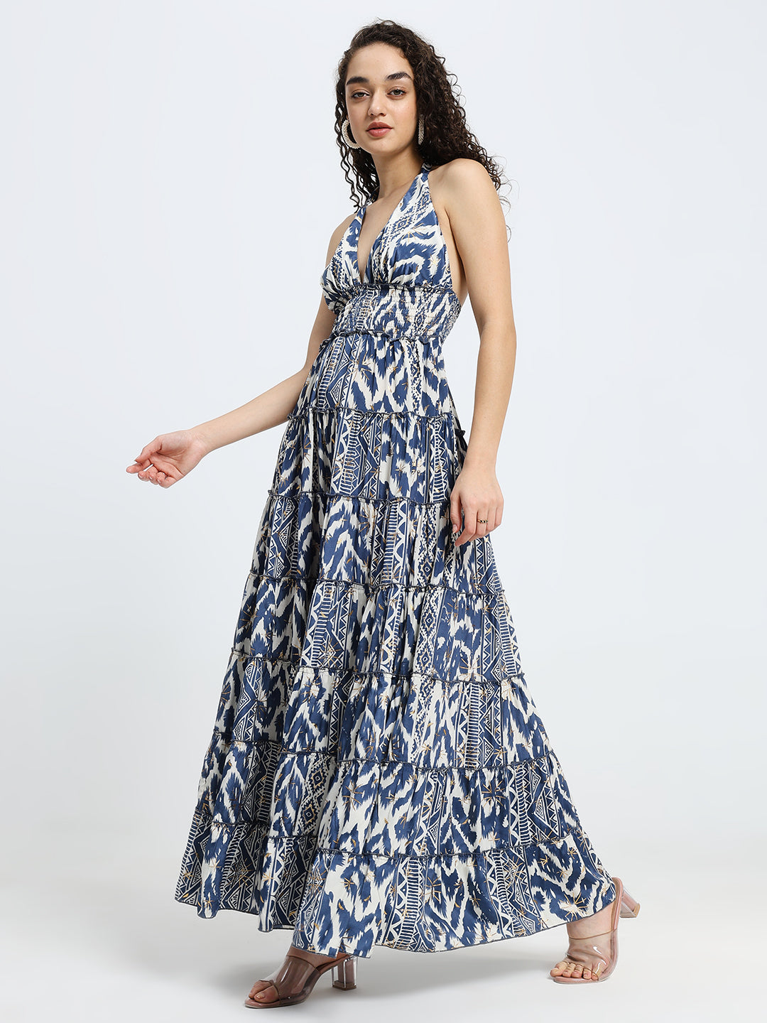 Halter Neck Multi Panel Boho printed Maxi Dress in Tribal Breeze