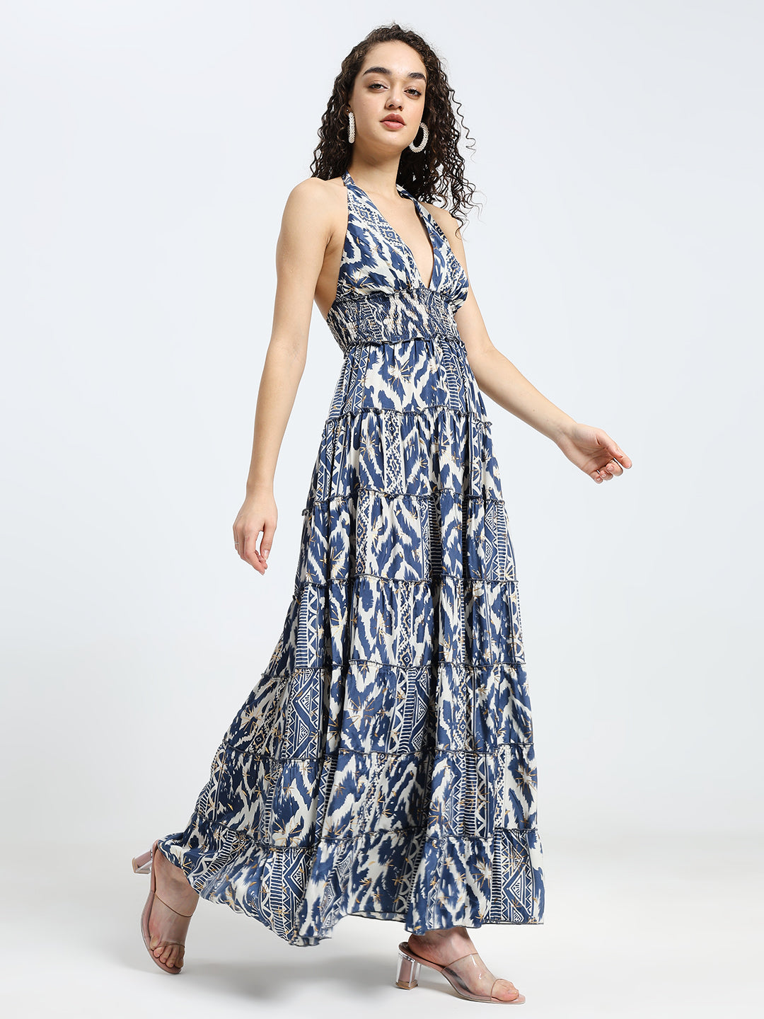 Halter Neck Multi Panel Boho printed Maxi Dress in Tribal Breeze
