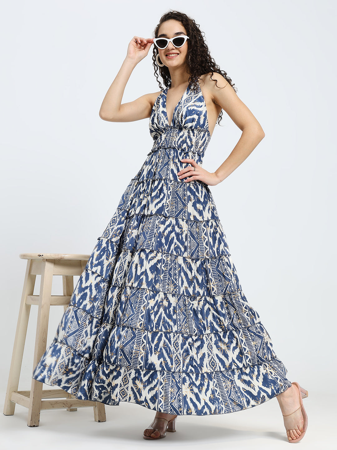 Halter Neck Multi Panel Boho printed Maxi Dress in Tribal Breeze