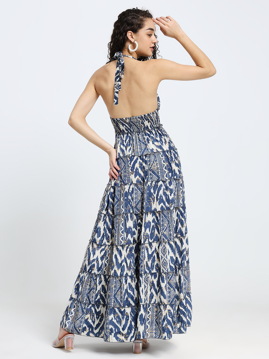 Halter Neck Multi Panel Boho printed Maxi Dress in Tribal Breeze