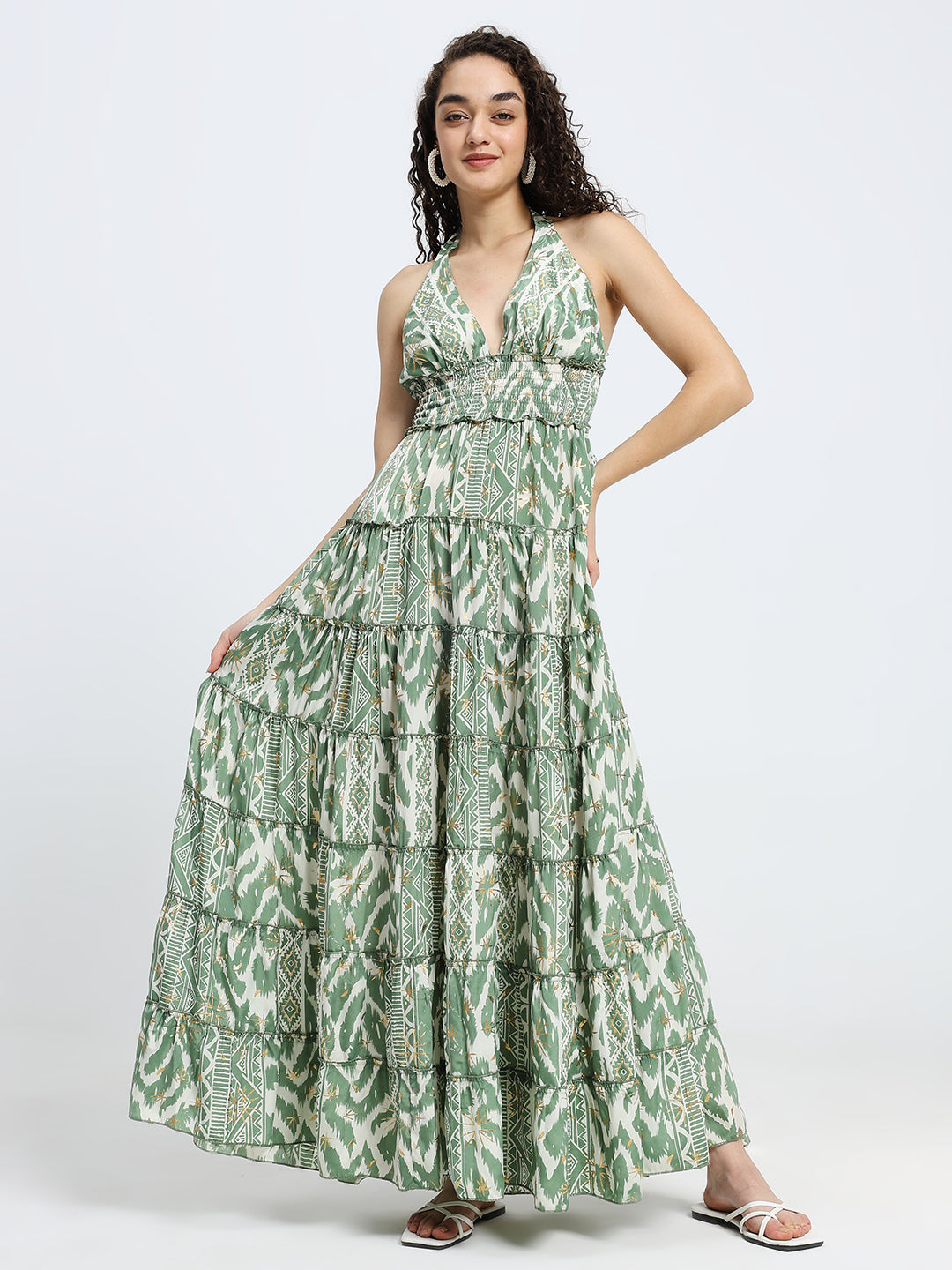 Halter Neck Multi Panel Boho printed Maxi Dress in Sage Serenity