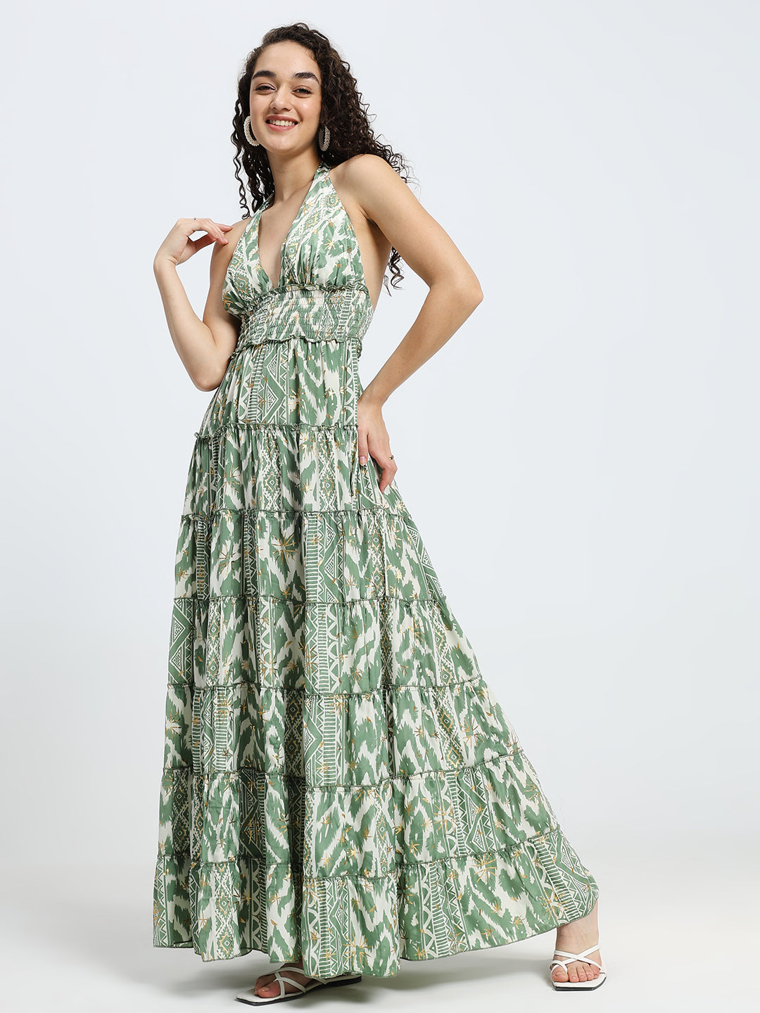 Halter Neck Multi Panel Boho printed Maxi Dress in Sage Serenity