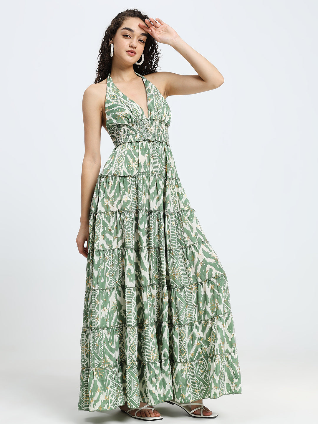 Halter Neck Multi Panel Boho printed Maxi Dress in Sage Serenity