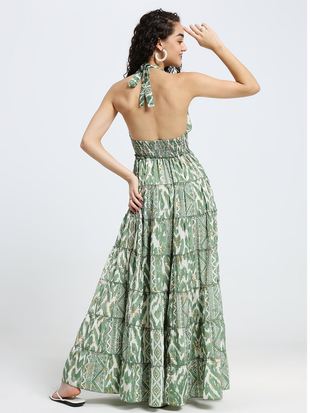 Halter Neck Multi Panel Boho printed Maxi Dress in Sage Serenity