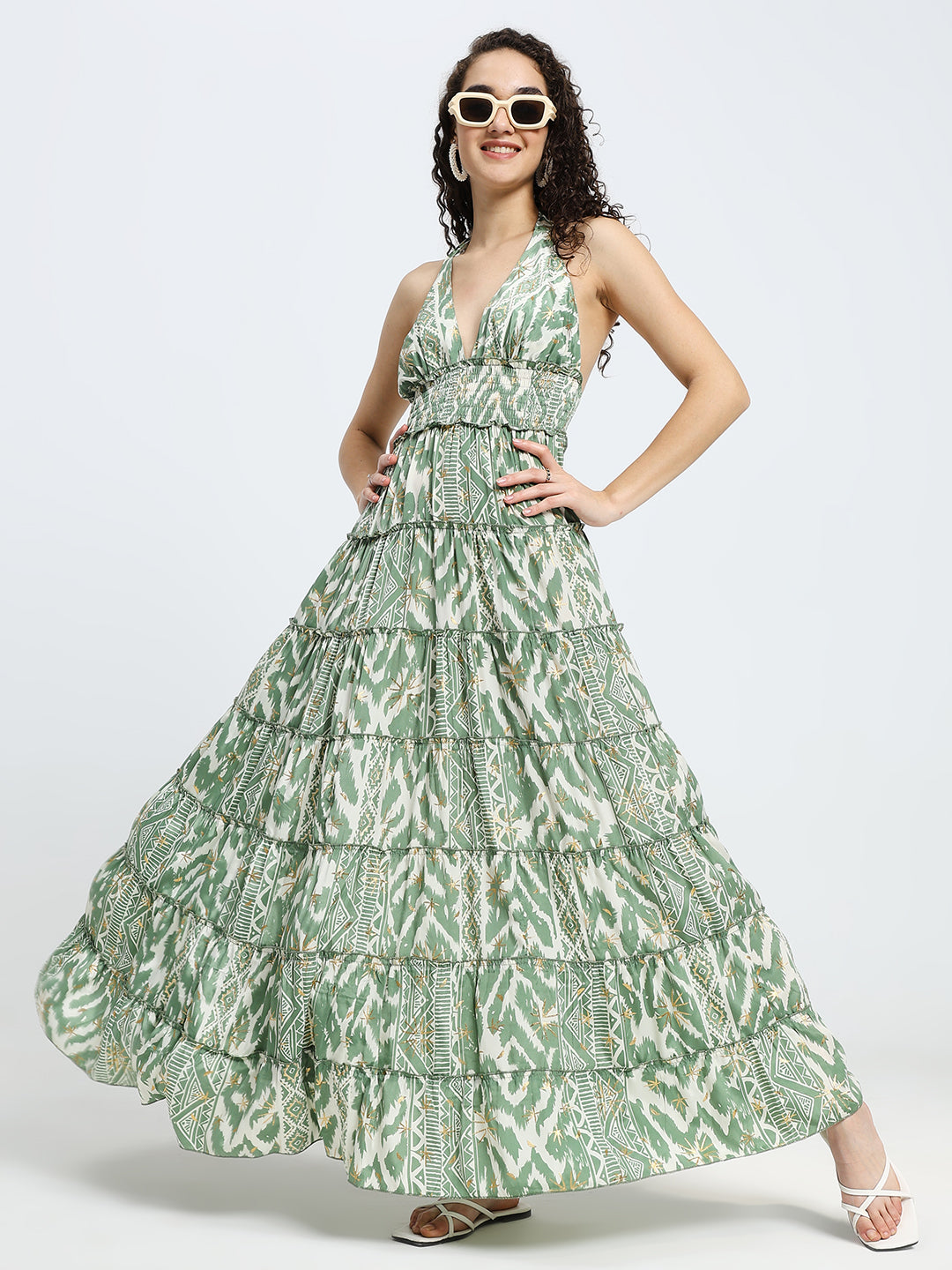 Halter Neck Multi Panel Boho printed Maxi Dress in Sage Serenity