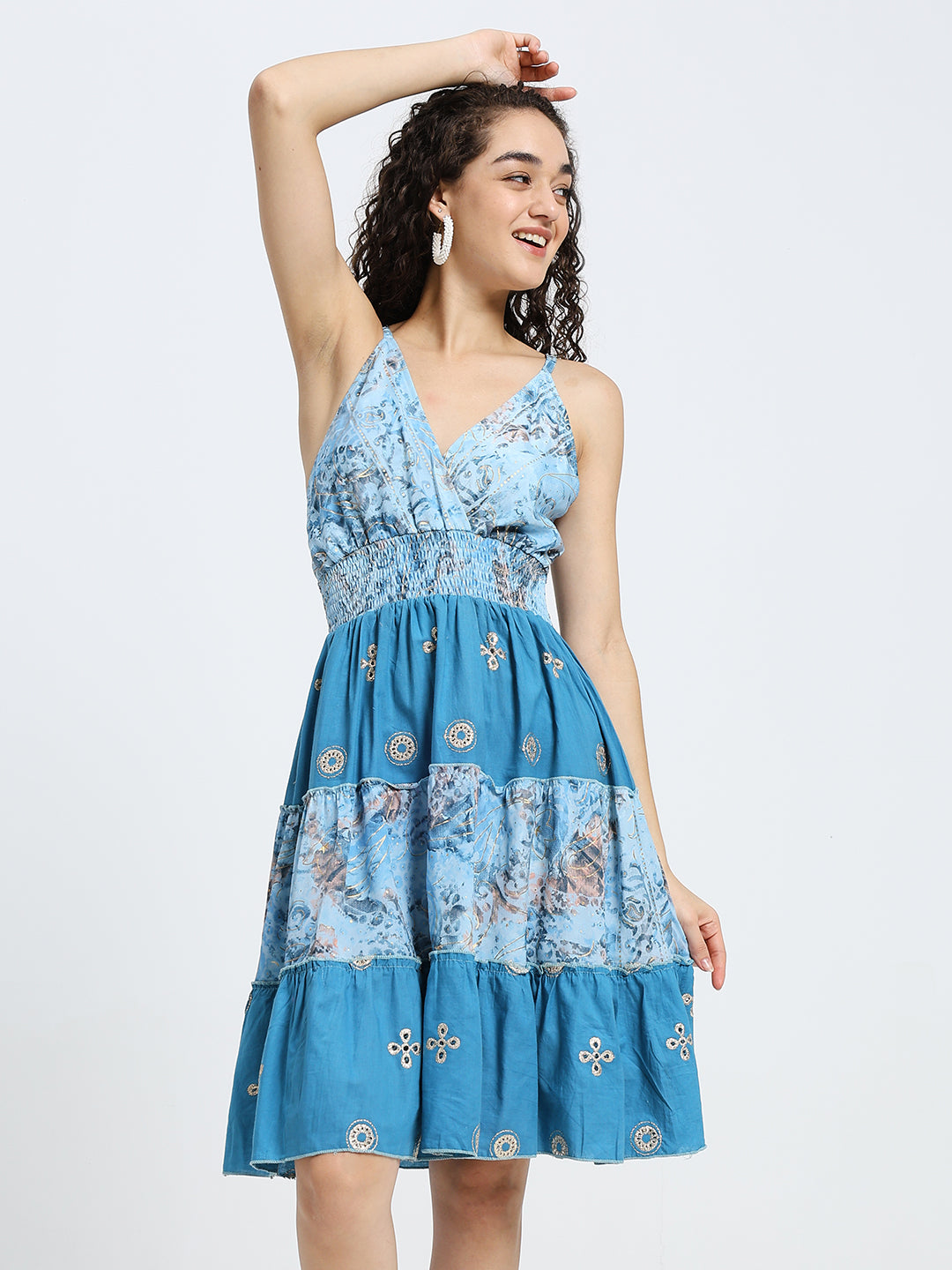 Multi Frill Embroidered Boho Printed Short Dress in Crystal Blue
