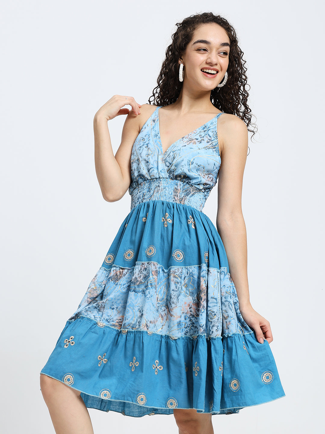 Multi Frill Embroidered Boho Printed Short Dress in Crystal Blue