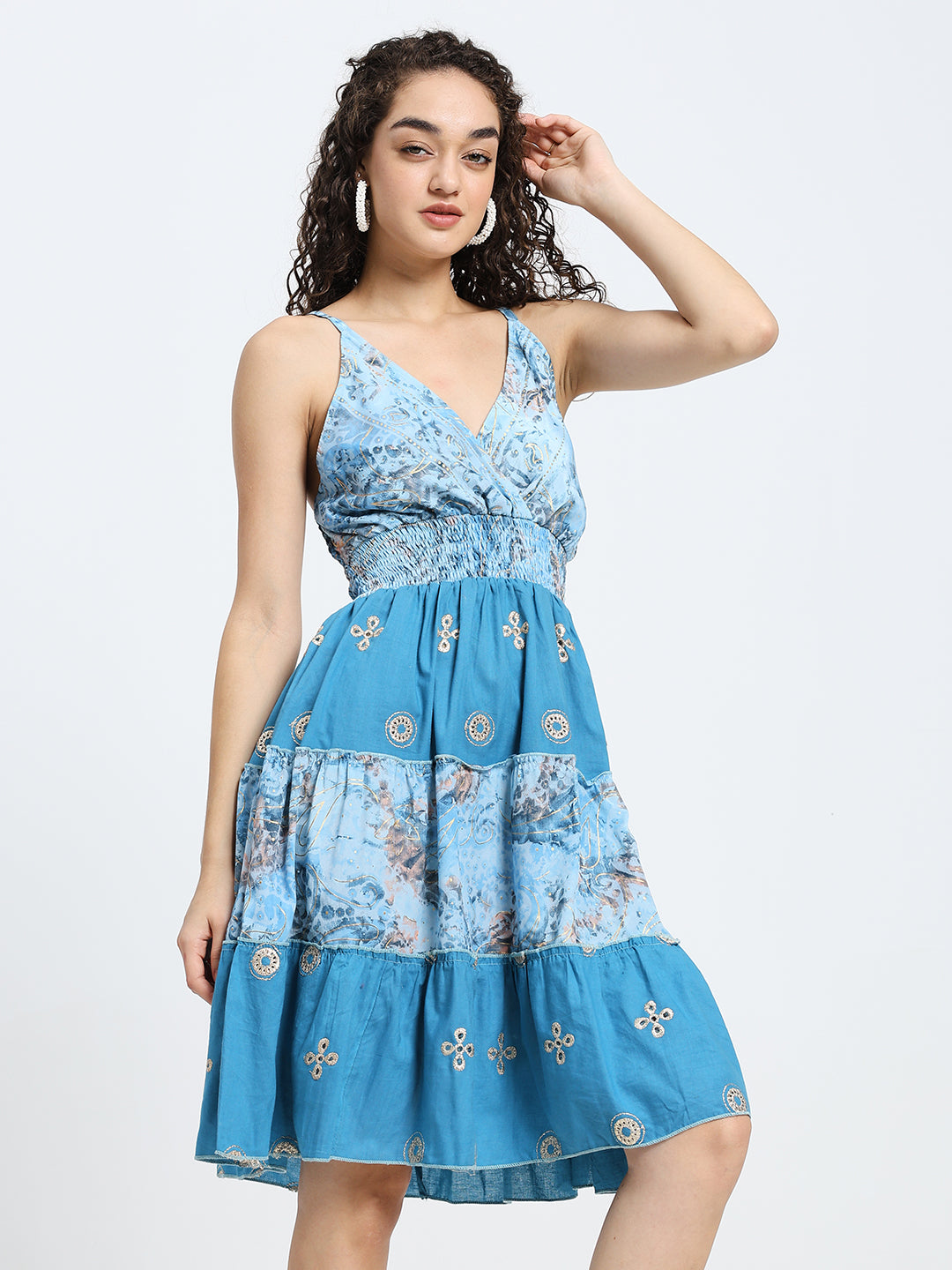 Multi Frill Embroidered Boho Printed Short Dress in Crystal Blue