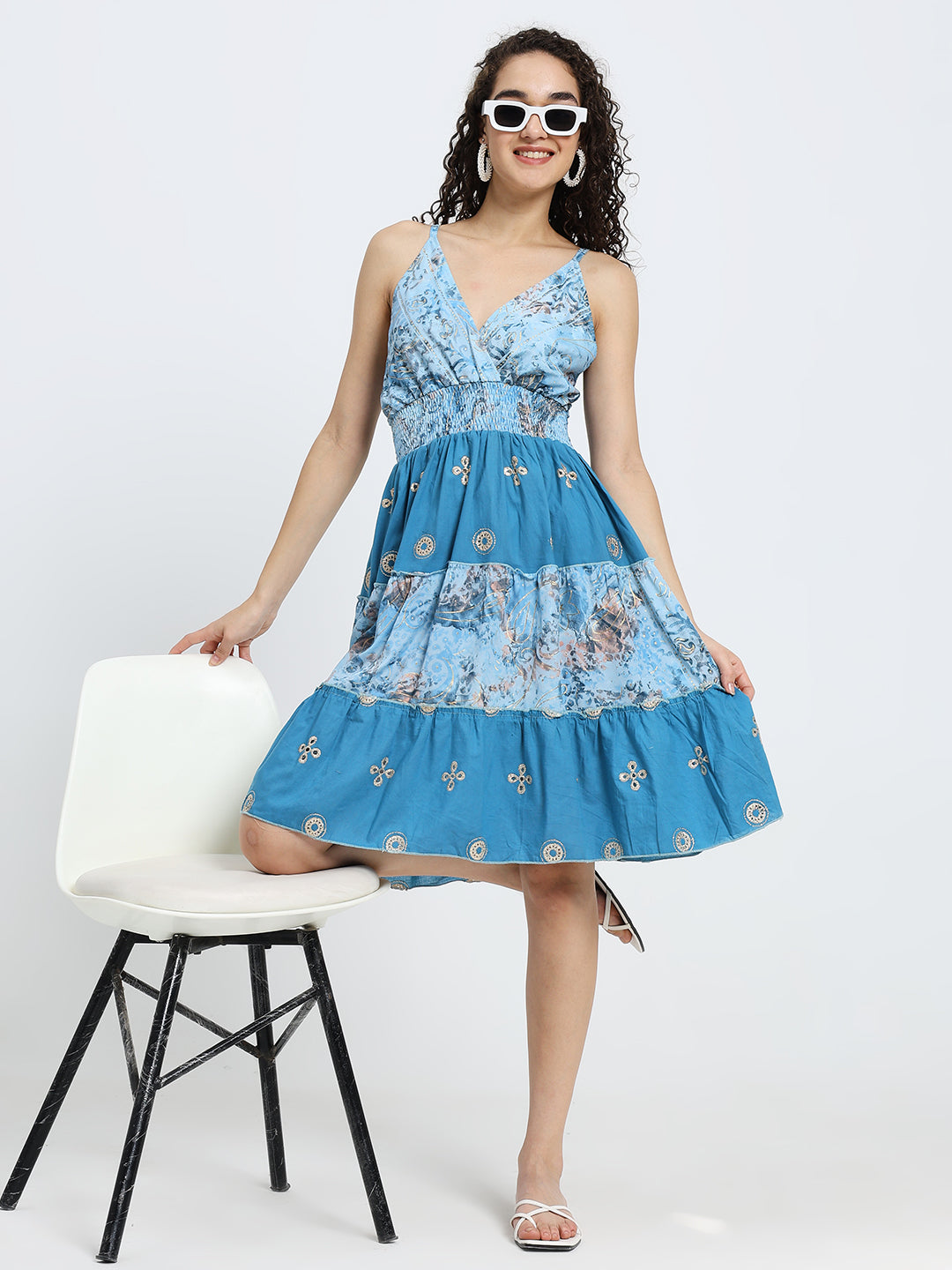 Multi Frill Embroidered Boho Printed Short Dress in Crystal Blue