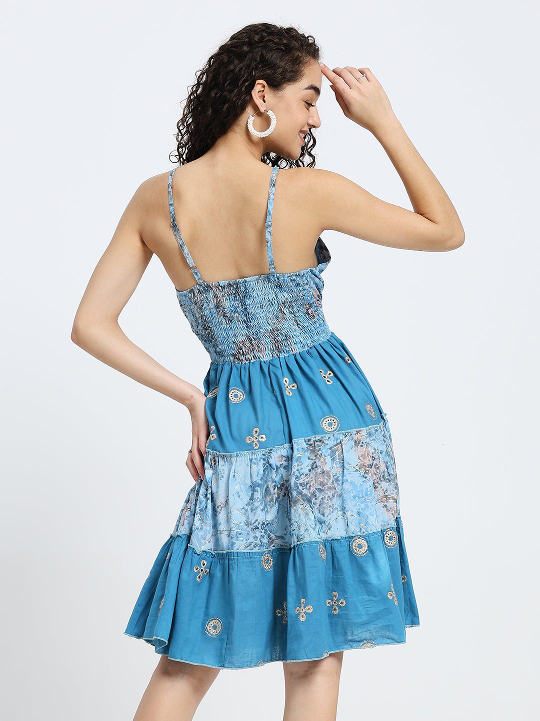 Multi Frill Embroidered Boho Printed Short Dress in Crystal Blue