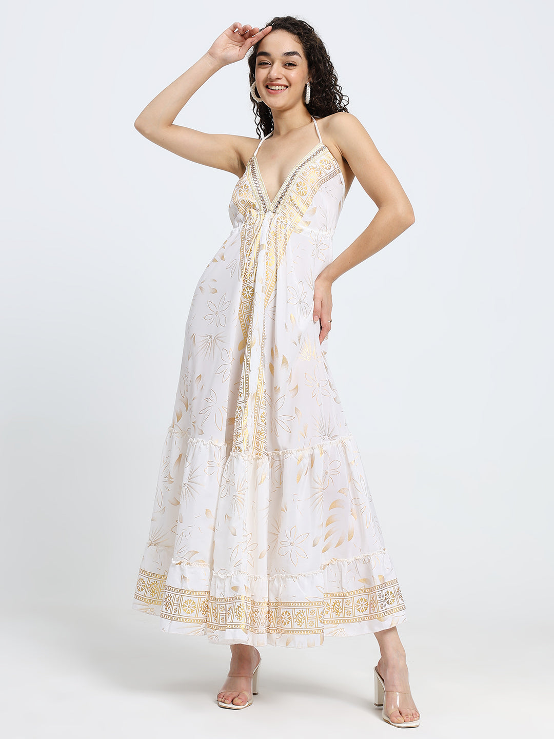 SmisingBee Tie Back Backless Embroidered Maxi Dress - White Aurora