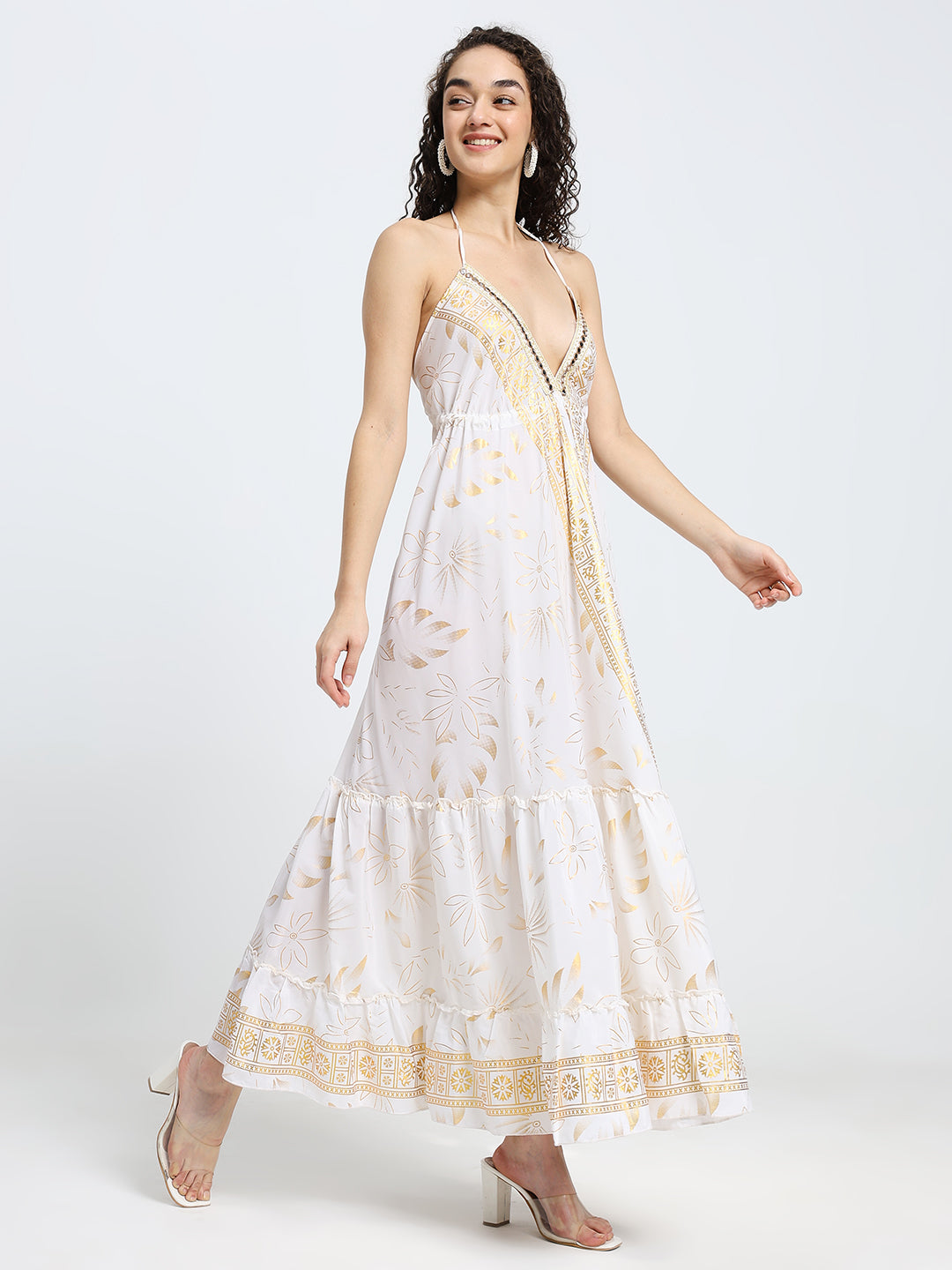 SmisingBee Tie Back Backless Embroidered Maxi Dress - White Aurora