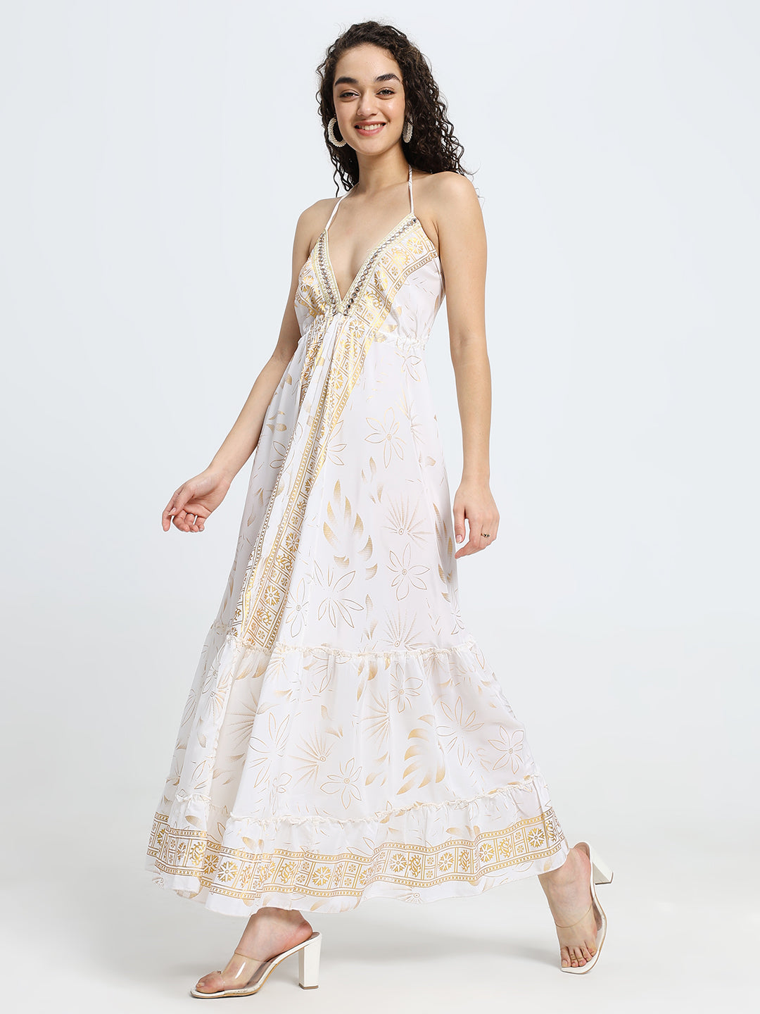 SmisingBee Tie Back Backless Embroidered Maxi Dress - White Aurora