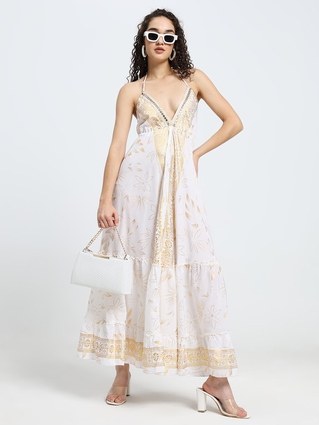 SmisingBee Tie Back Backless Embroidered Maxi Dress - White Aurora