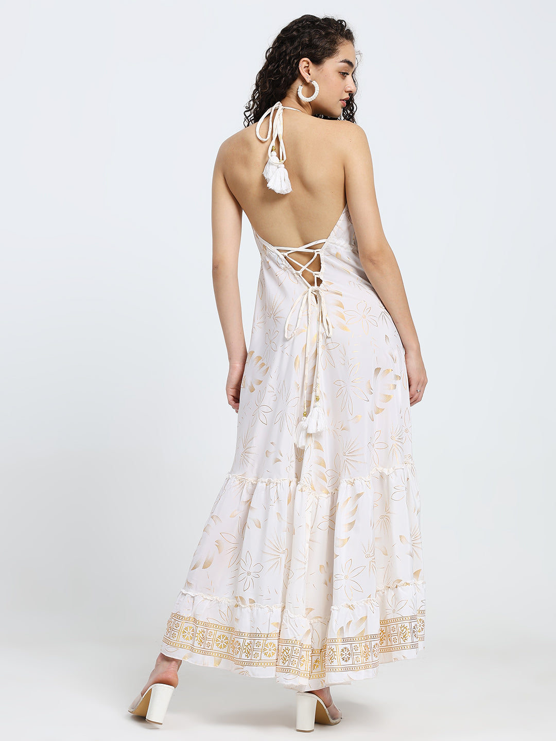 SmisingBee Tie Back Backless Embroidered Maxi Dress - White Aurora