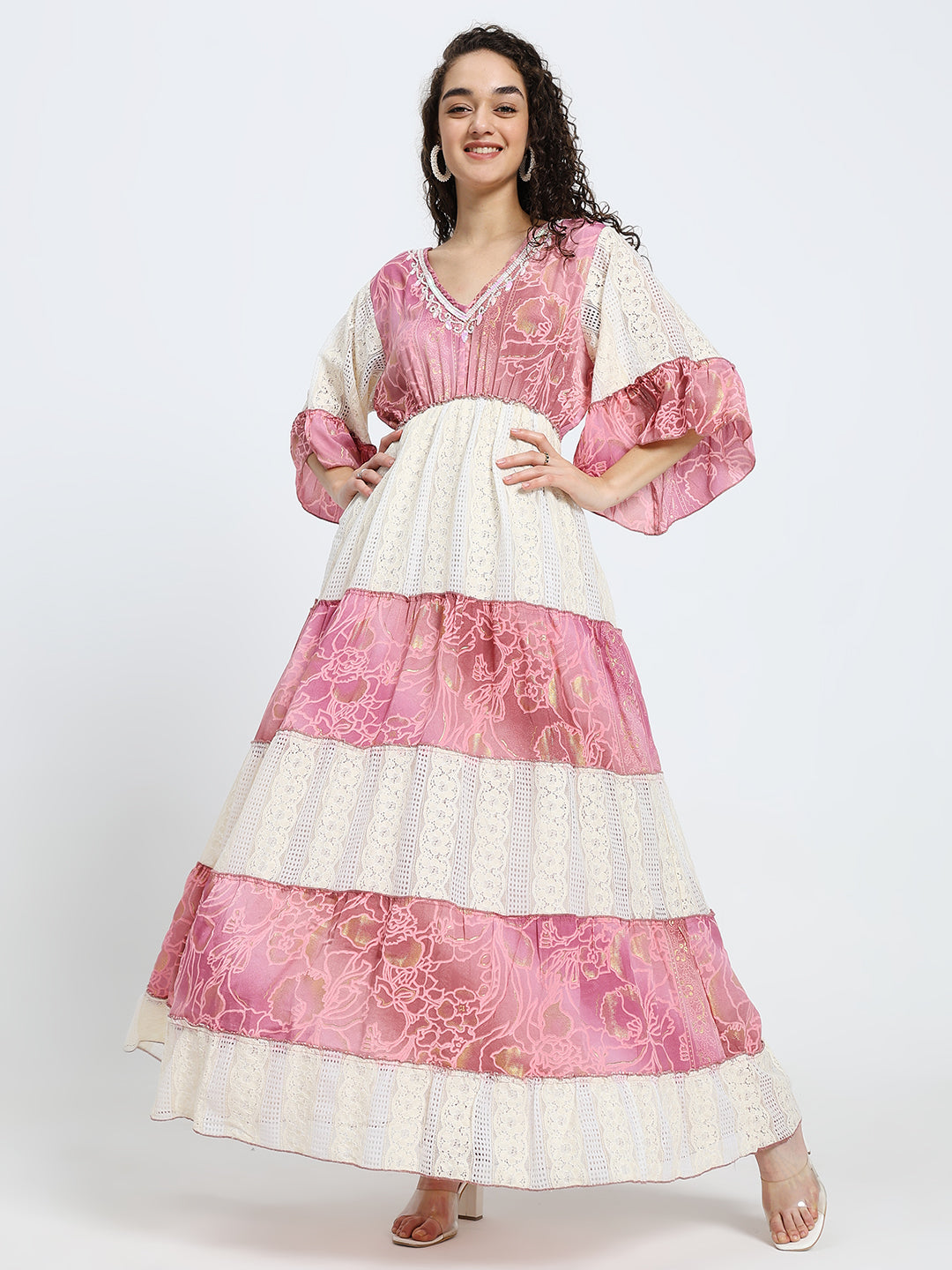 Embroidery Hand Work Bell Sleeves Boho Printed Maxi Dress - Rosé Whimsy