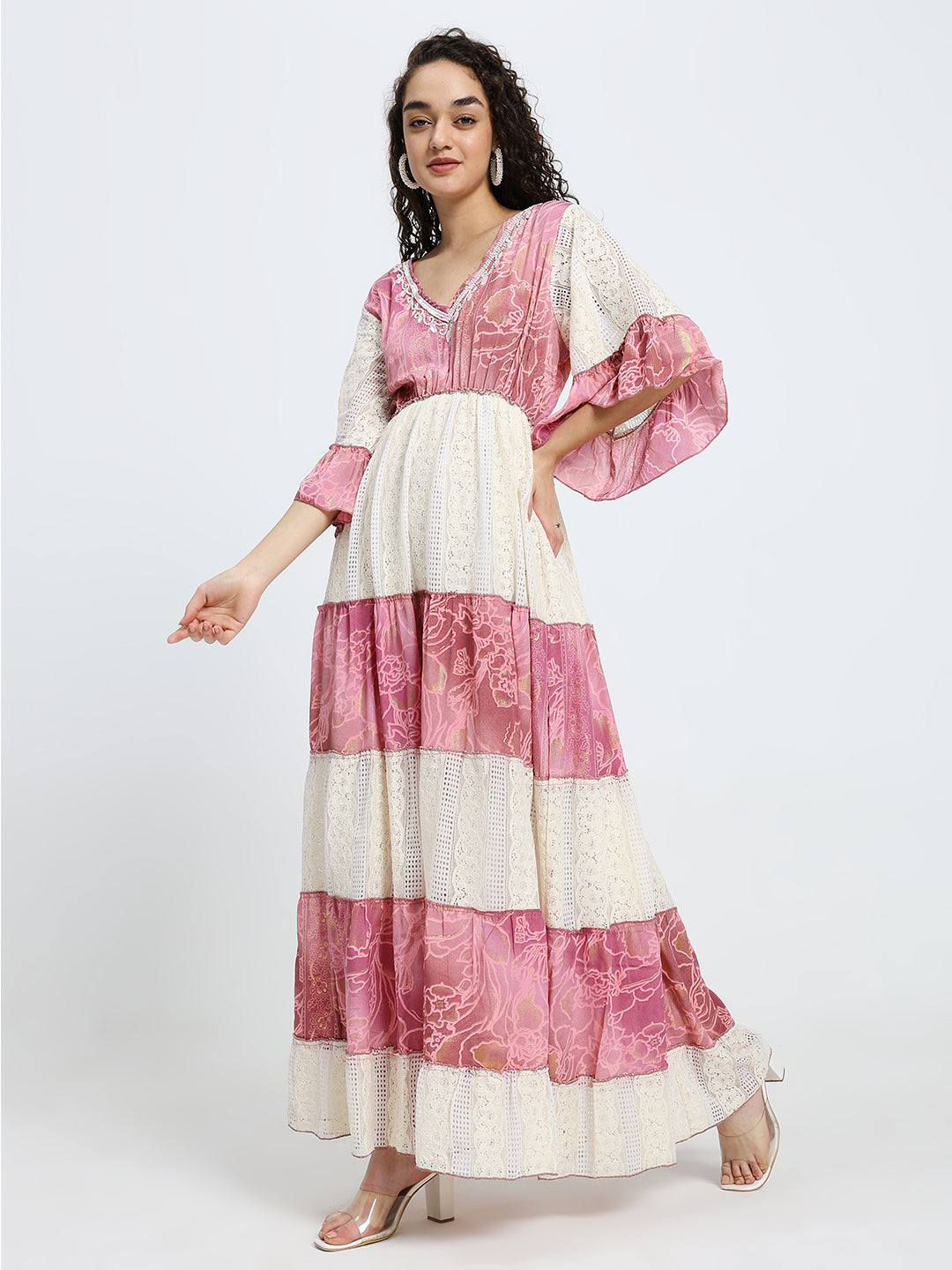 Embroidery Hand Work Bell Sleeves Boho Printed Maxi Dress - Rosé Whimsy