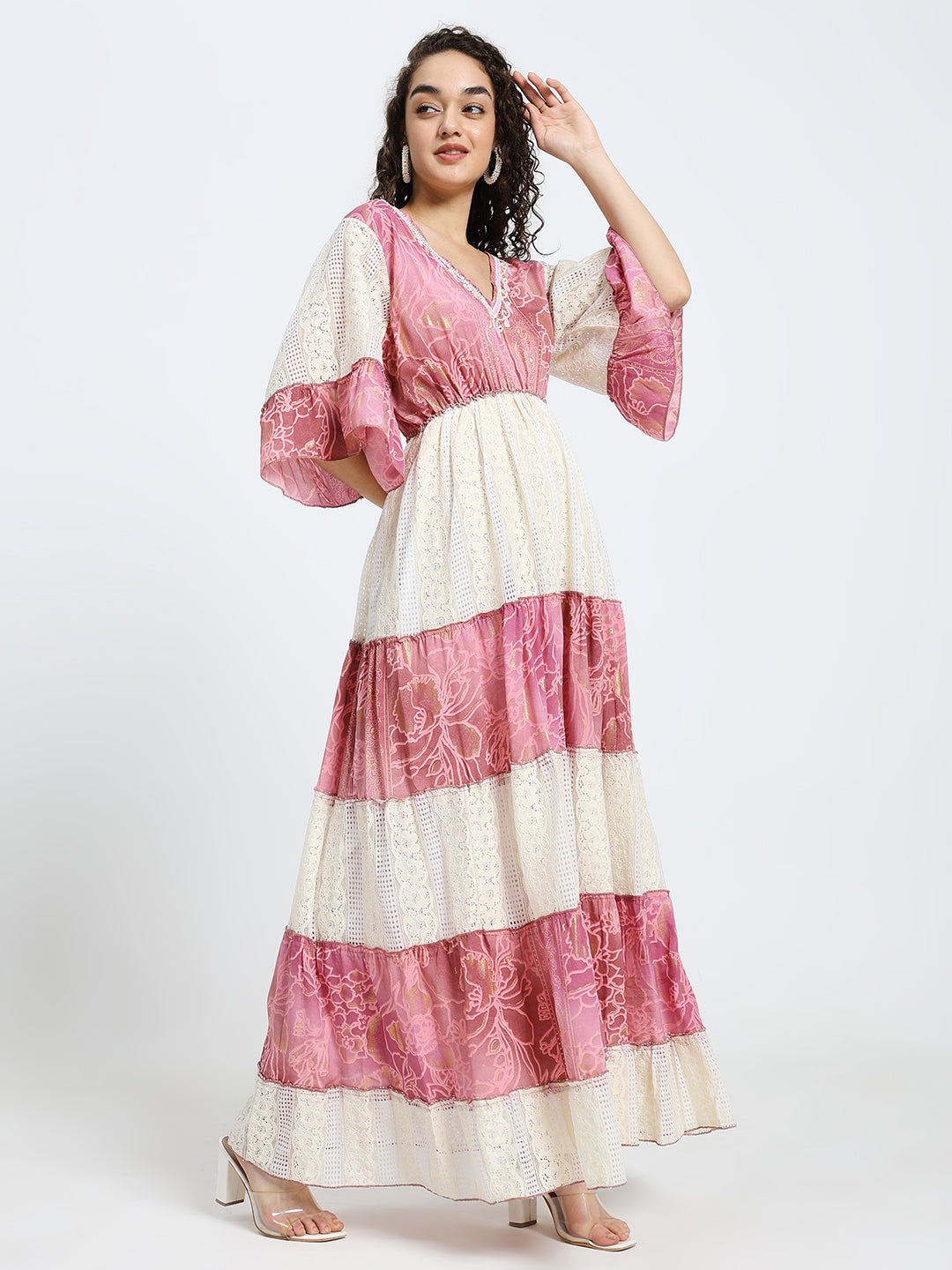Embroidery Hand Work Bell Sleeves Boho Printed Maxi Dress - Rosé Whimsy