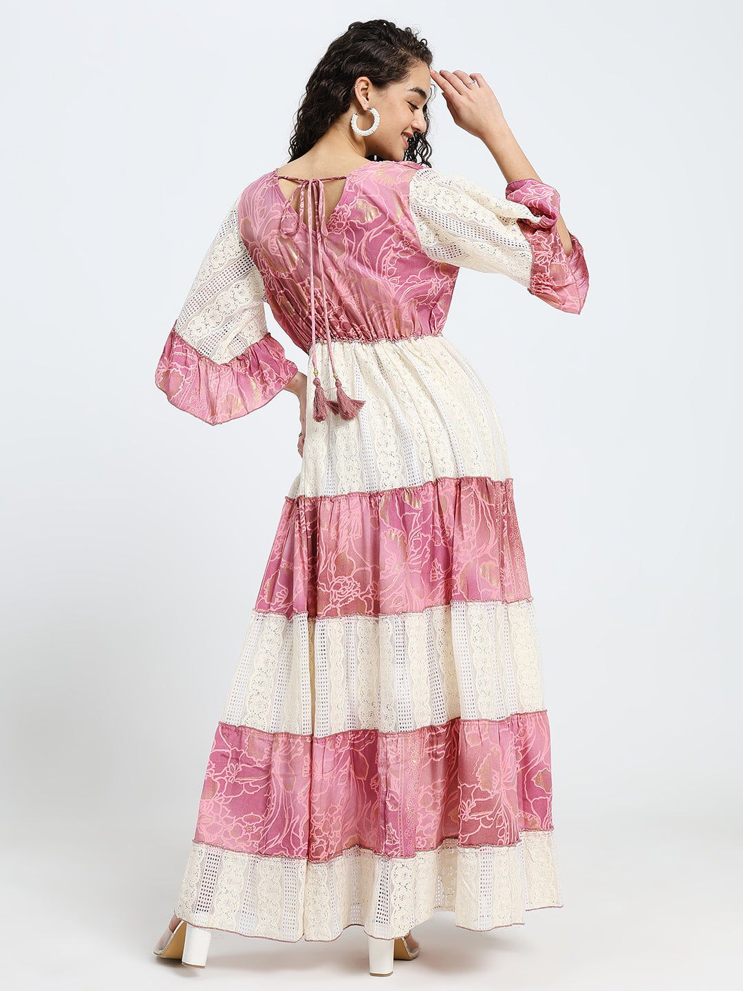 Embroidery Hand Work Bell Sleeves Boho Printed Maxi Dress - Rosé Whimsy