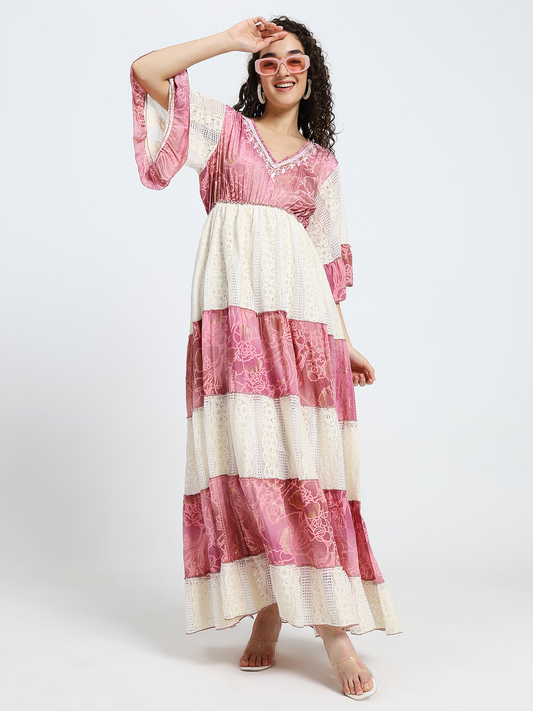 Embroidery Hand Work Bell Sleeves Boho Printed Maxi Dress - Rosé Whimsy