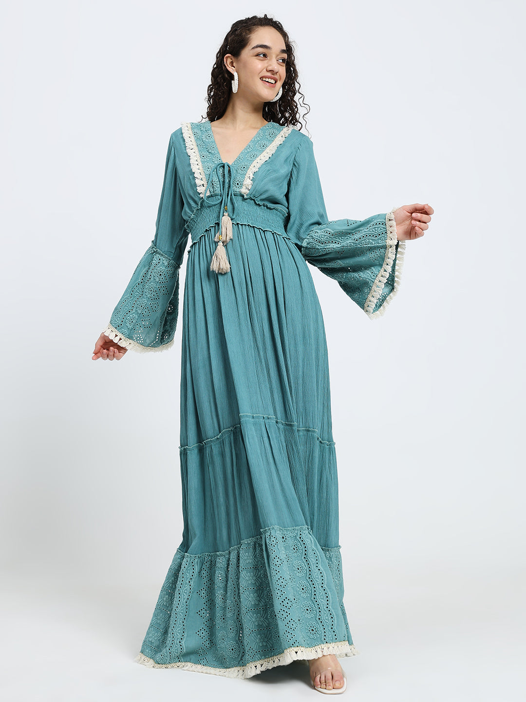 Schiffli Work Bell Sleeves Maxi Dress - Ocean Serenade