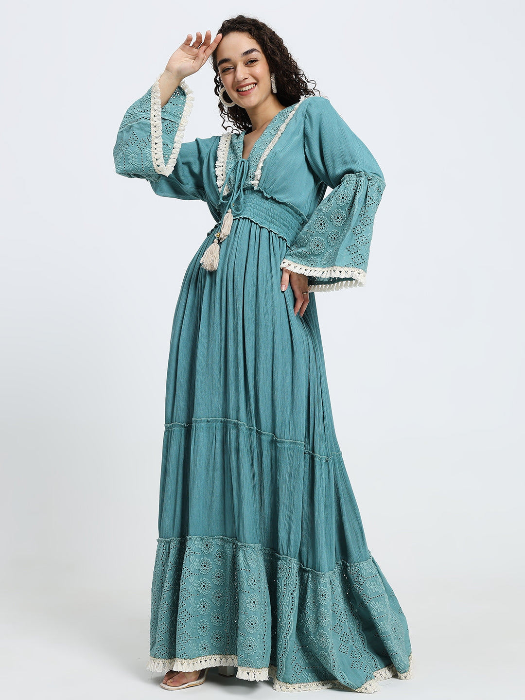 Schiffli Work Bell Sleeves Maxi Dress - Ocean Serenade