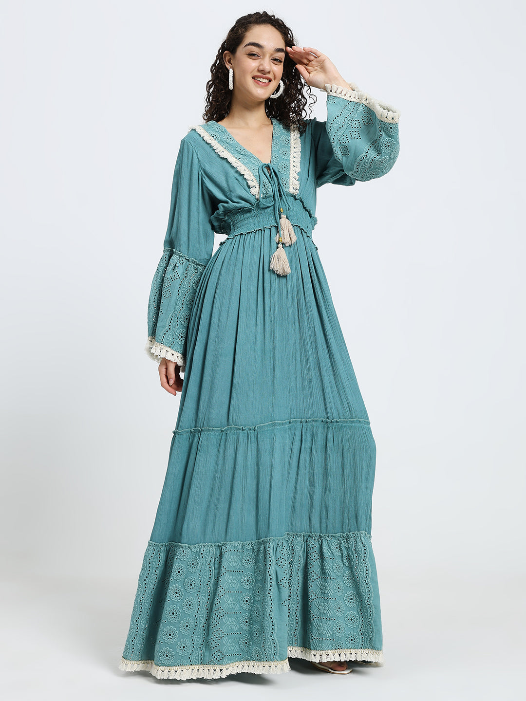 Schiffli Work Bell Sleeves Maxi Dress - Ocean Serenade