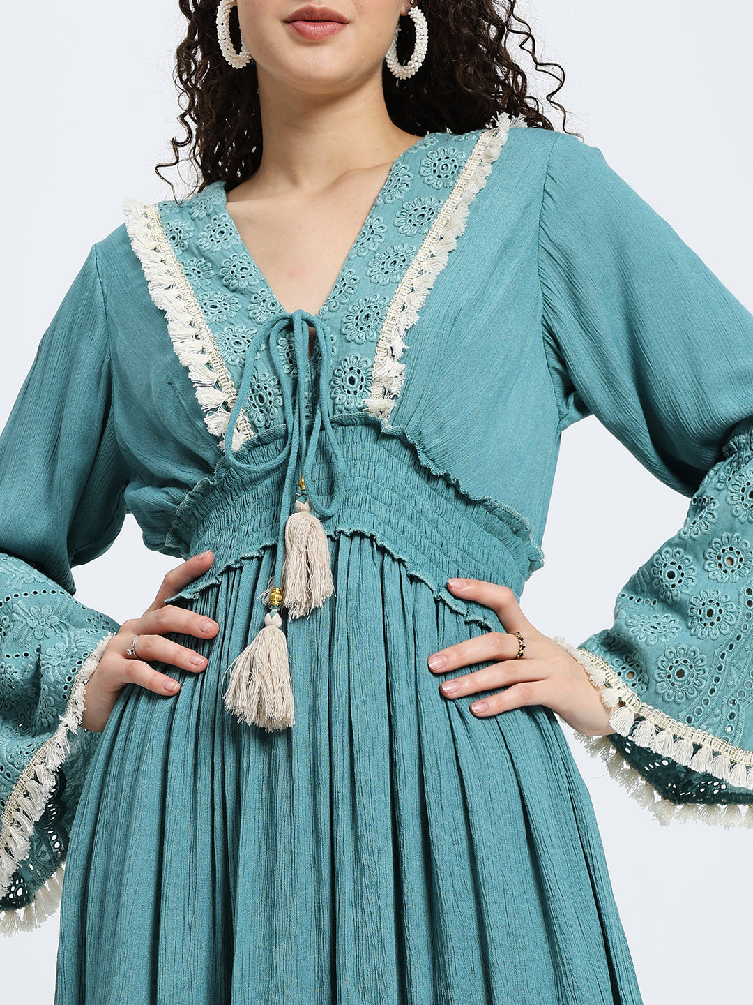 Schiffli Work Bell Sleeves Maxi Dress - Ocean Serenade
