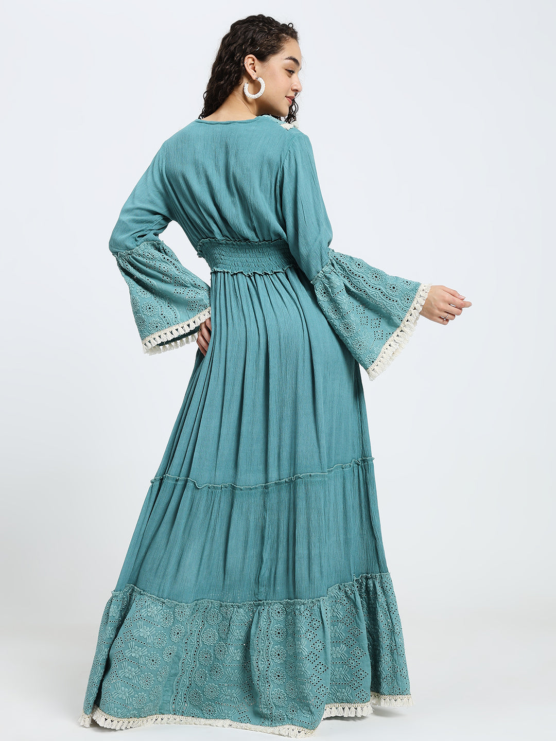 Schiffli Work Bell Sleeves Maxi Dress - Ocean Serenade
