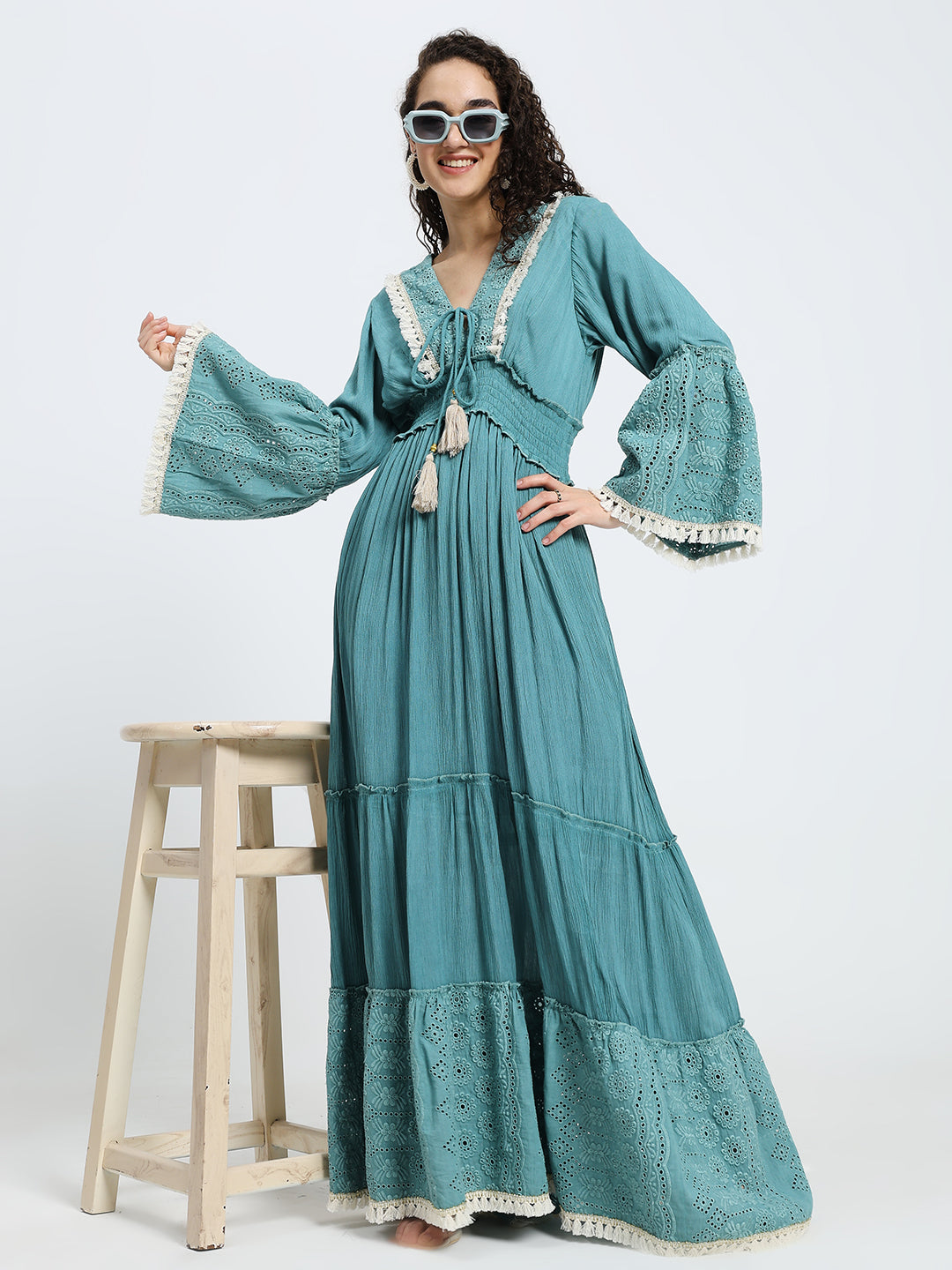 Schiffli Work Bell Sleeves Maxi Dress - Ocean Serenade